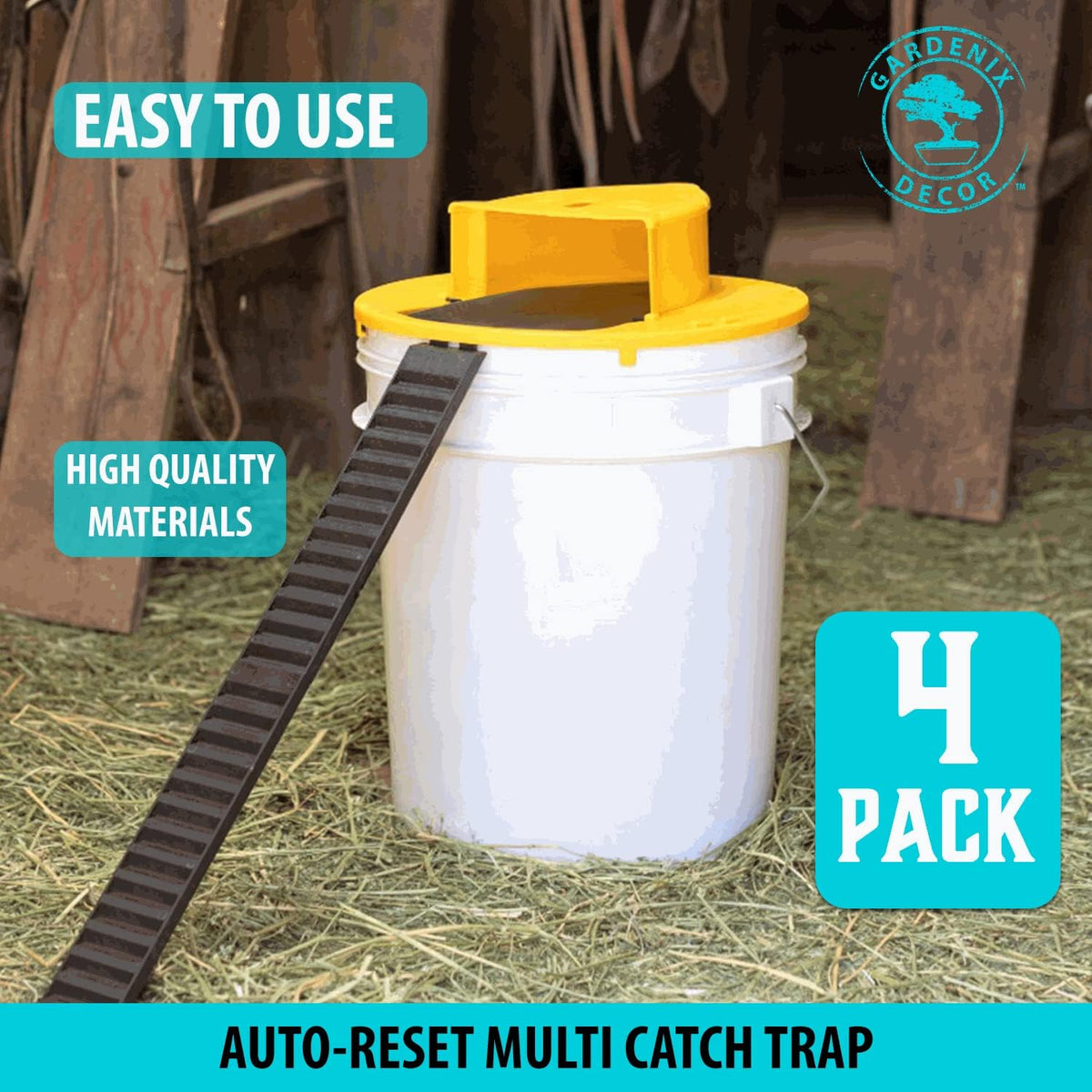 Belro 4-pack bucket lid mouse trap set for outdoor pest control, designed to trap mice effectively in home and garden environments.