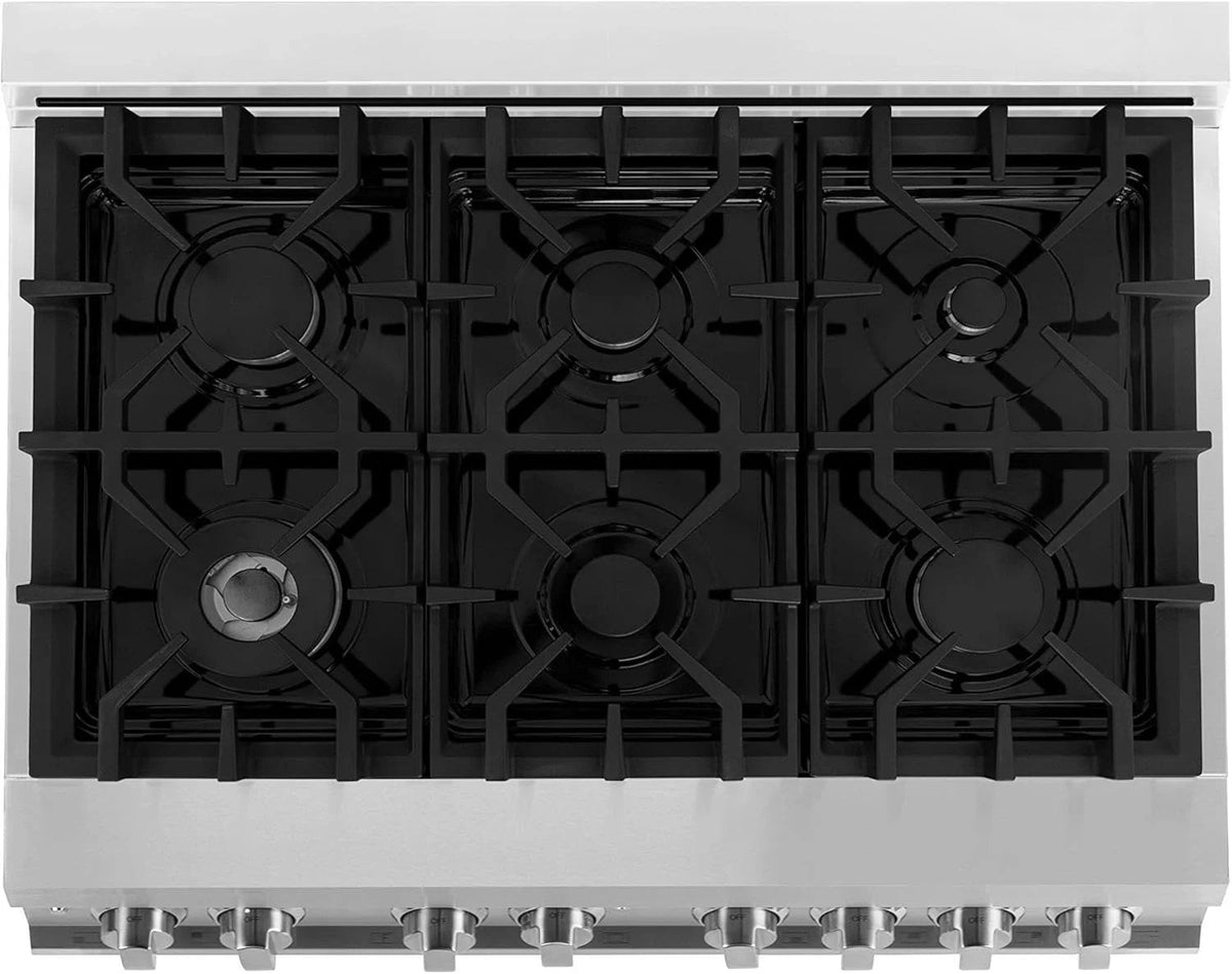 Casavibeo ZLINE 36-inch dual fuel range with stainless steel finish, featuring multiple burners and oven controls.