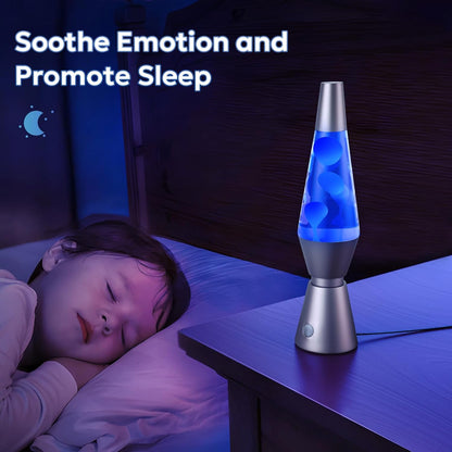 Belro lava lamp with colorful wax flowing inside, illuminated in a dark room, used as a night light or decorative lighting.