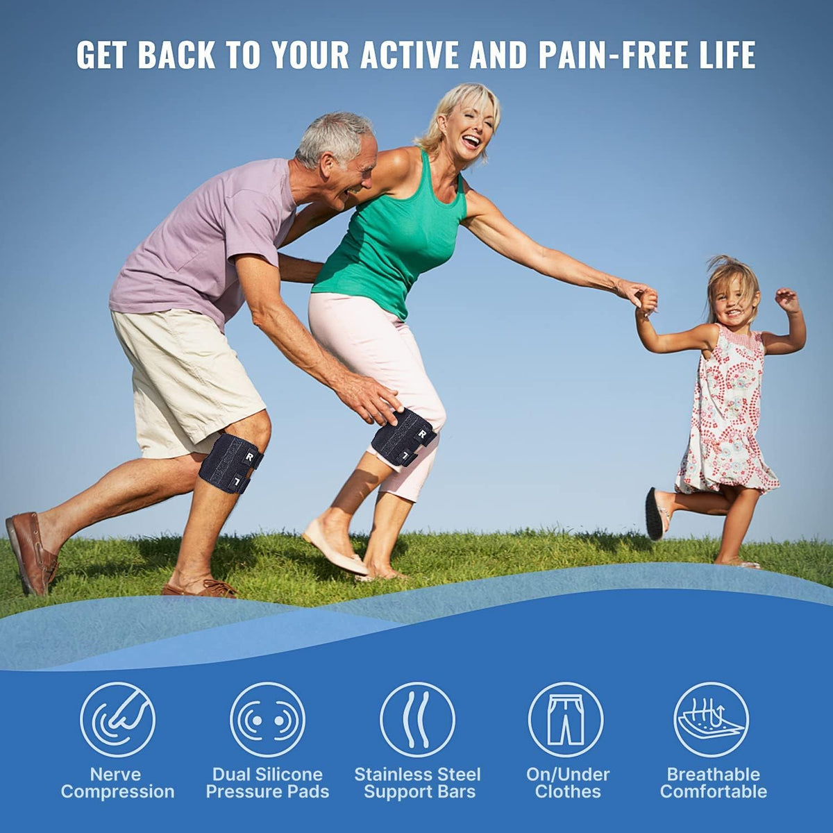 Belro sciatic nerve knee brace with adjustable suspenders, designed for support and pain relief during activity.