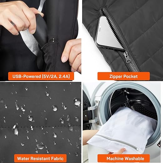 Belro unisex heated vest in black, lightweight activewear with visible heating panels for warmth and comfort.