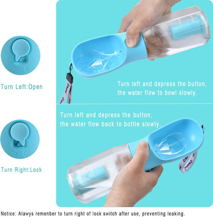 Belro dog water bottle with food container for outdoor use, featuring a portable design for pet hydration and food storage.