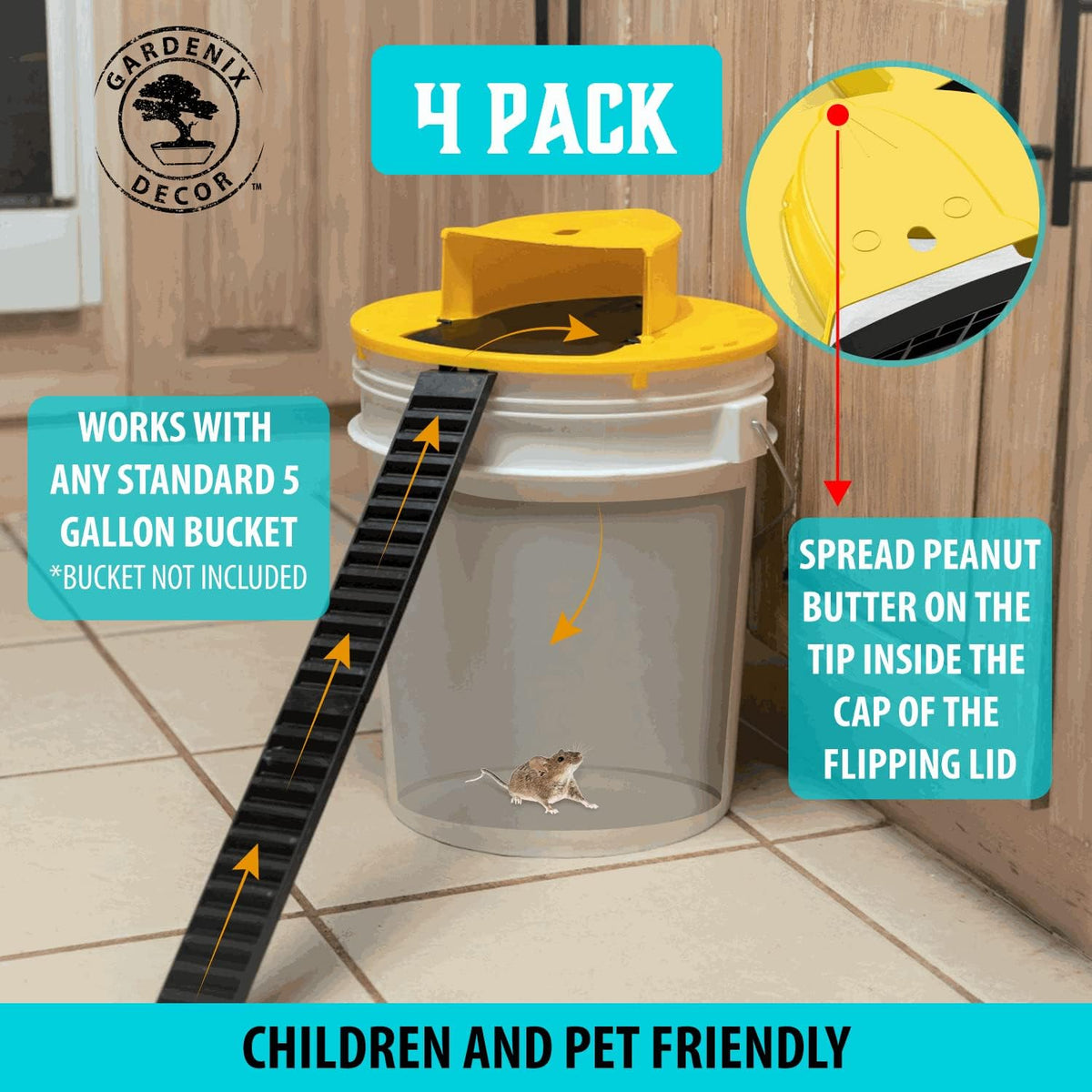 Belro 4-Pack bucket lid mouse trap designed for outdoor pest control, showing the trap with a secure lid and bait area.