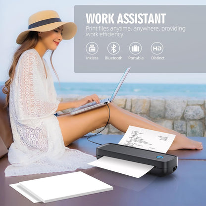 Belro wireless portable inkless thermal printer with compact design, showing front view and paper output in a sleek electronics setting.