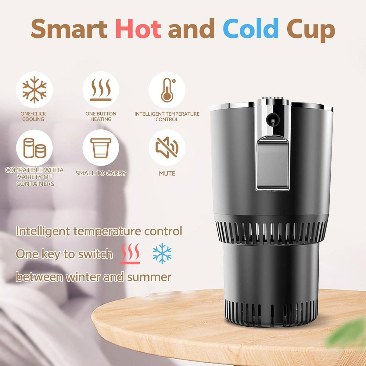 Belro smart car cup holder for cold and warm beverages, compact electronic device with temperature control features.