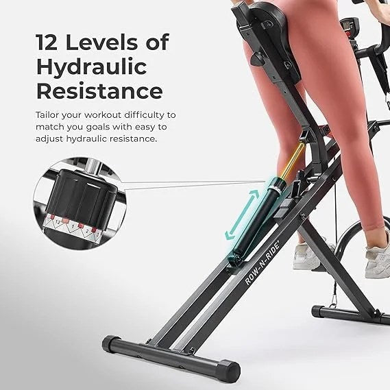 Casavibeo Sunny Health & Fitness Row-N-Ride PRO full-body combo squat machine with resistance band, ideal for home cardio and ab workouts