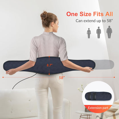 Belro heating pad for back pain relief, soft fabric cover, showing a user applying the warm pad to their lower back.