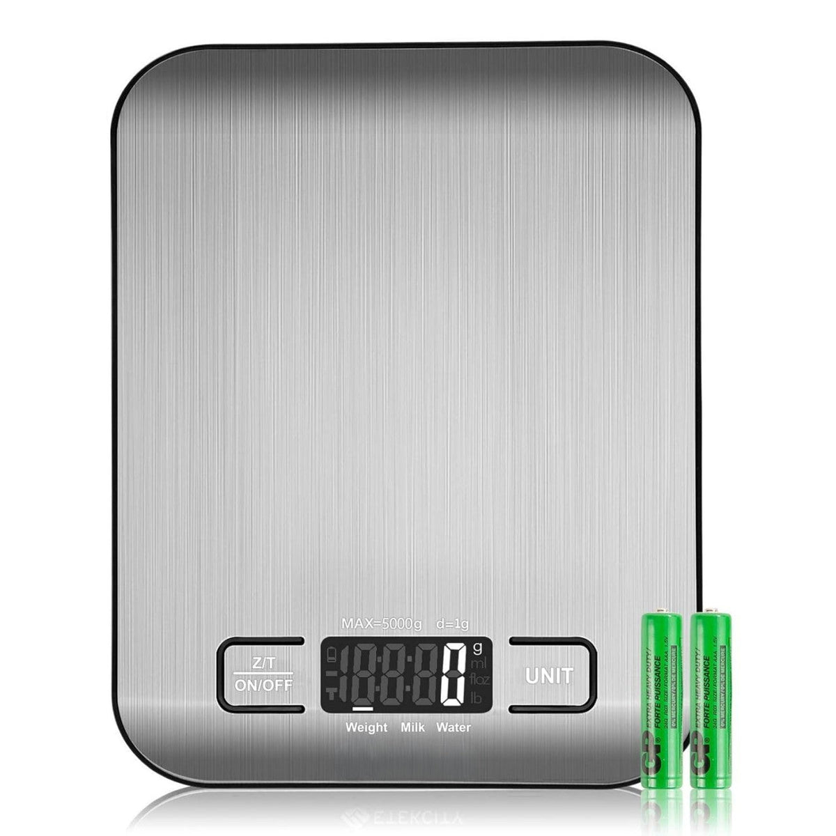 Belro digital kitchen scale displaying weight measurement on a sleek, modern kitchen countertop.
