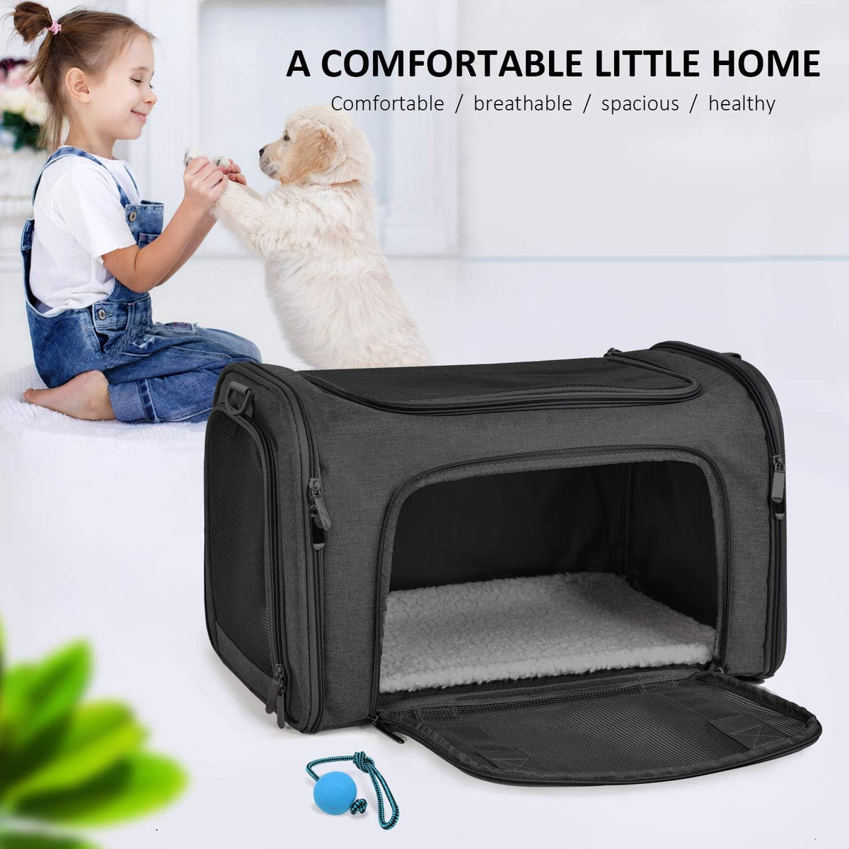 Belro dog and cat carrier bag for small pets up to 15 lbs, automotive-style pet travel carrier with mesh windows.