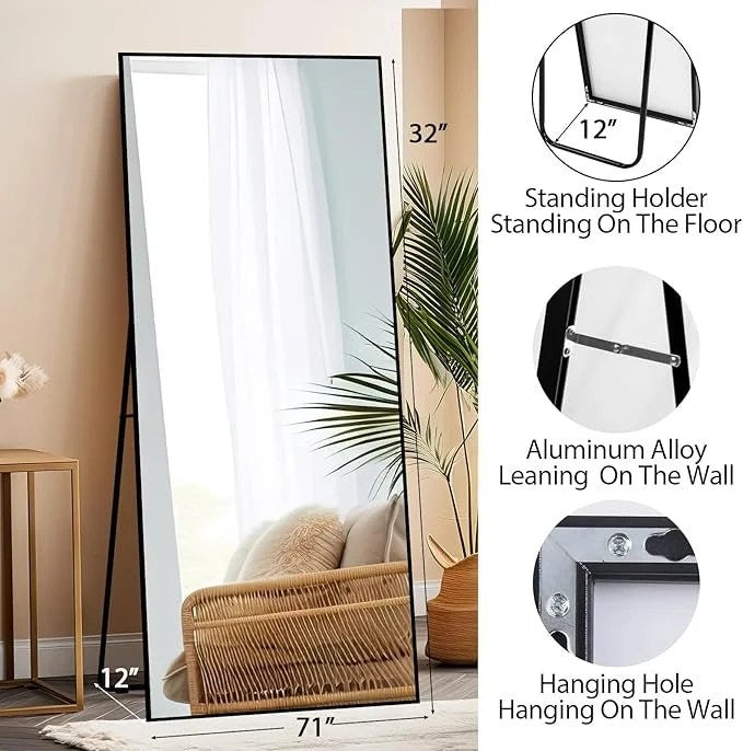 Casavibeo Beauty4U 71-inch full-length mirror with stand, black, HD tempered glass, for bedroom decor, outfit checks, and full-body viewing