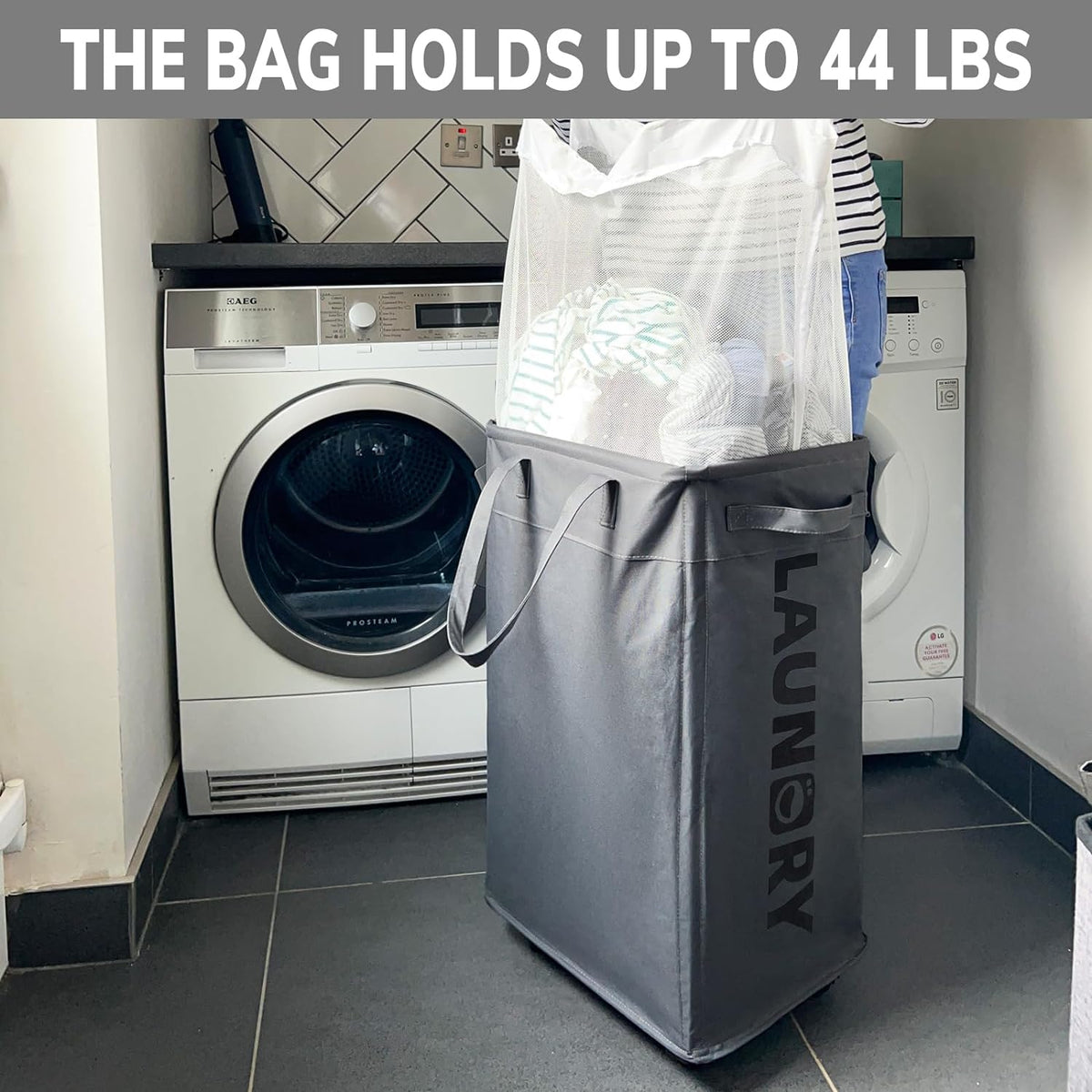 Belro 75L collapsible laundry basket with wheels, large capacity, lightweight fabric, and sturdy handles for easy transport.
