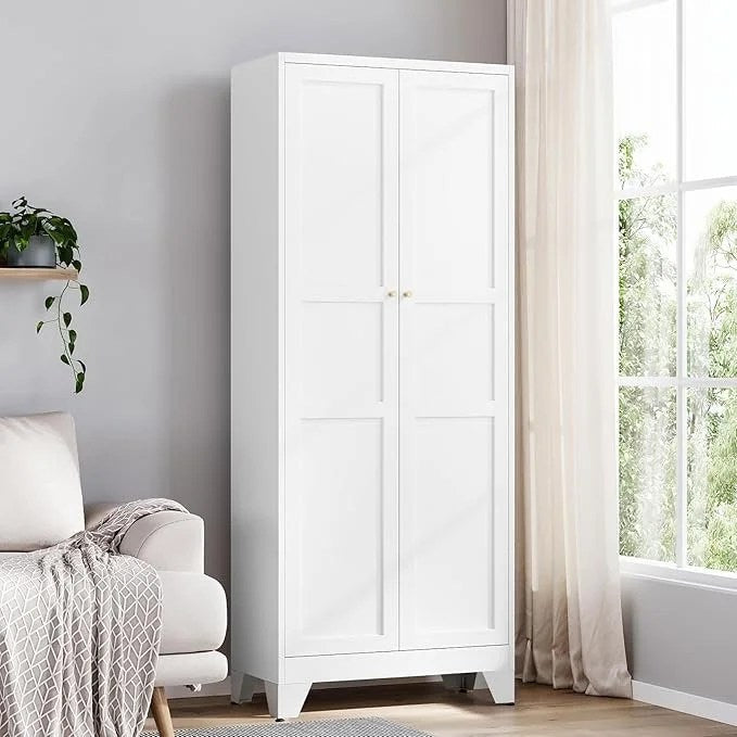 White Yizosh metal pantry cabinet with two doors and four adjustable shelves, ideal for kitchen, dining, living, or bathroom storage.