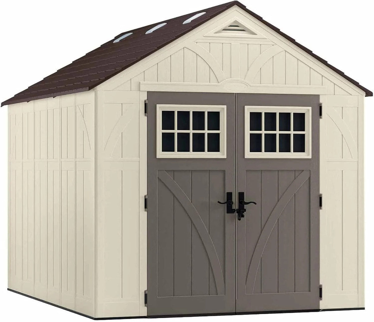 Casavibeo Suncast BMS8100 8x10 ft. resin outdoor storage shed with skylights, featuring a sturdy design and clear roof panels.