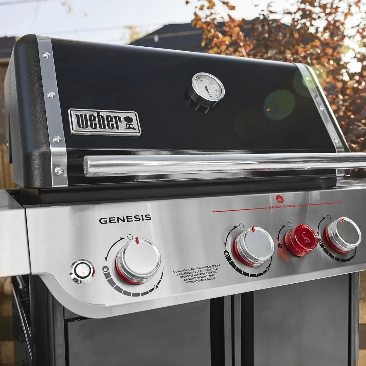 Casavibeo Weber Genesis E-325s gas grill with stainless steel lid, side shelves, and multiple burners for outdoor cooking.