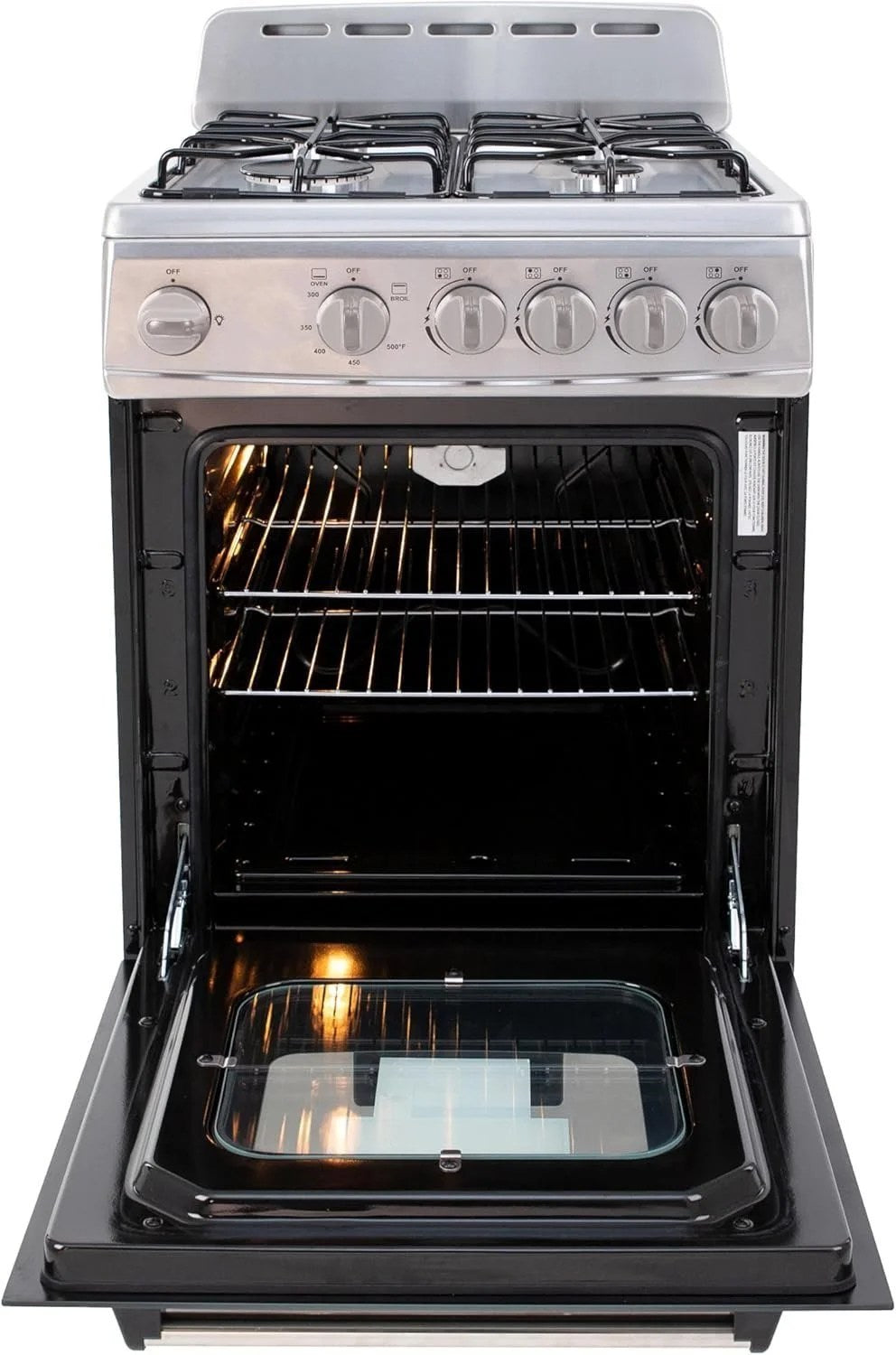 Casavibeo Avanti 20-inch freestanding gas range with oven, stainless steel finish, four burners, and control knobs.