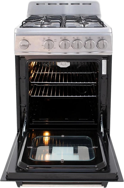 Casavibeo Avanti 20-inch freestanding gas range with oven, stainless steel finish, four burners, and control knobs.