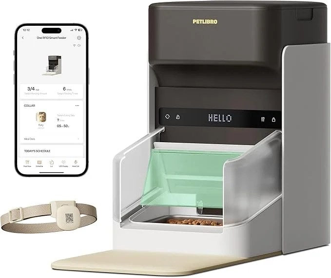 Casavibeo PETLIBRO RFID automatic cat feeder with collar tag, Wi-Fi control, and personalized meal scheduling for multi-cat homes.