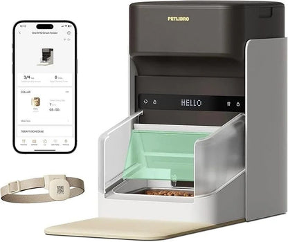 Casavibeo PETLIBRO RFID automatic cat feeder with collar tag, Wi-Fi control, and personalized meal scheduling for multi-cat homes.