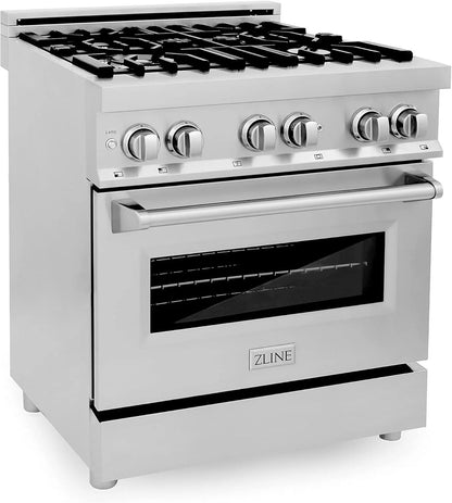 Casavibeo ZLINE 30-inch dual fuel range with stainless steel finish, featuring burners, oven, and control knobs visible in the image.