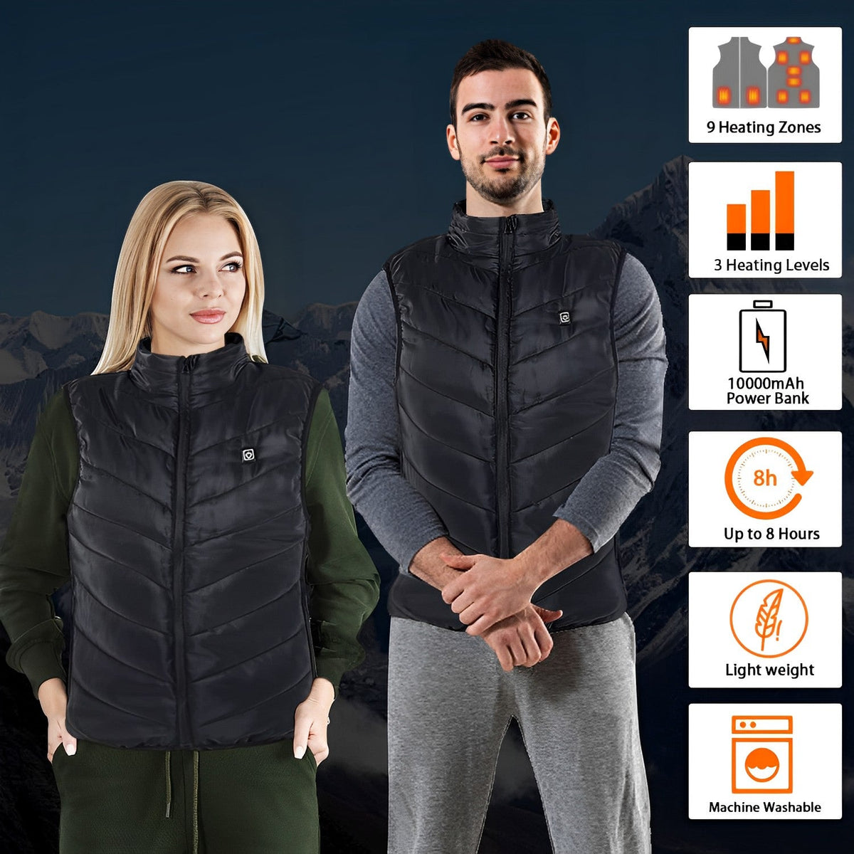 Unisex heated vest by Belro, lightweight activewear clothing with built-in heating elements for warmth and comfort.