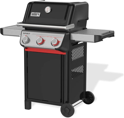 Casavibeo Weber Spirit E-325 gas grill with four burners, stainless steel lid, side shelves, and control knobs.