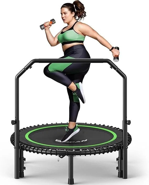 Casavibeo BCAN BT2 mini rebounder trampoline with handle, bungees, and stable frame for indoor or outdoor full-body workouts.
