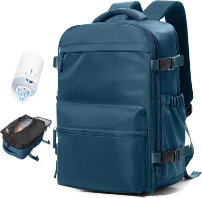 Belro 15.6-inch travel backpack with compartments for electronics and laptops, shown open with padded interior and organized storage.