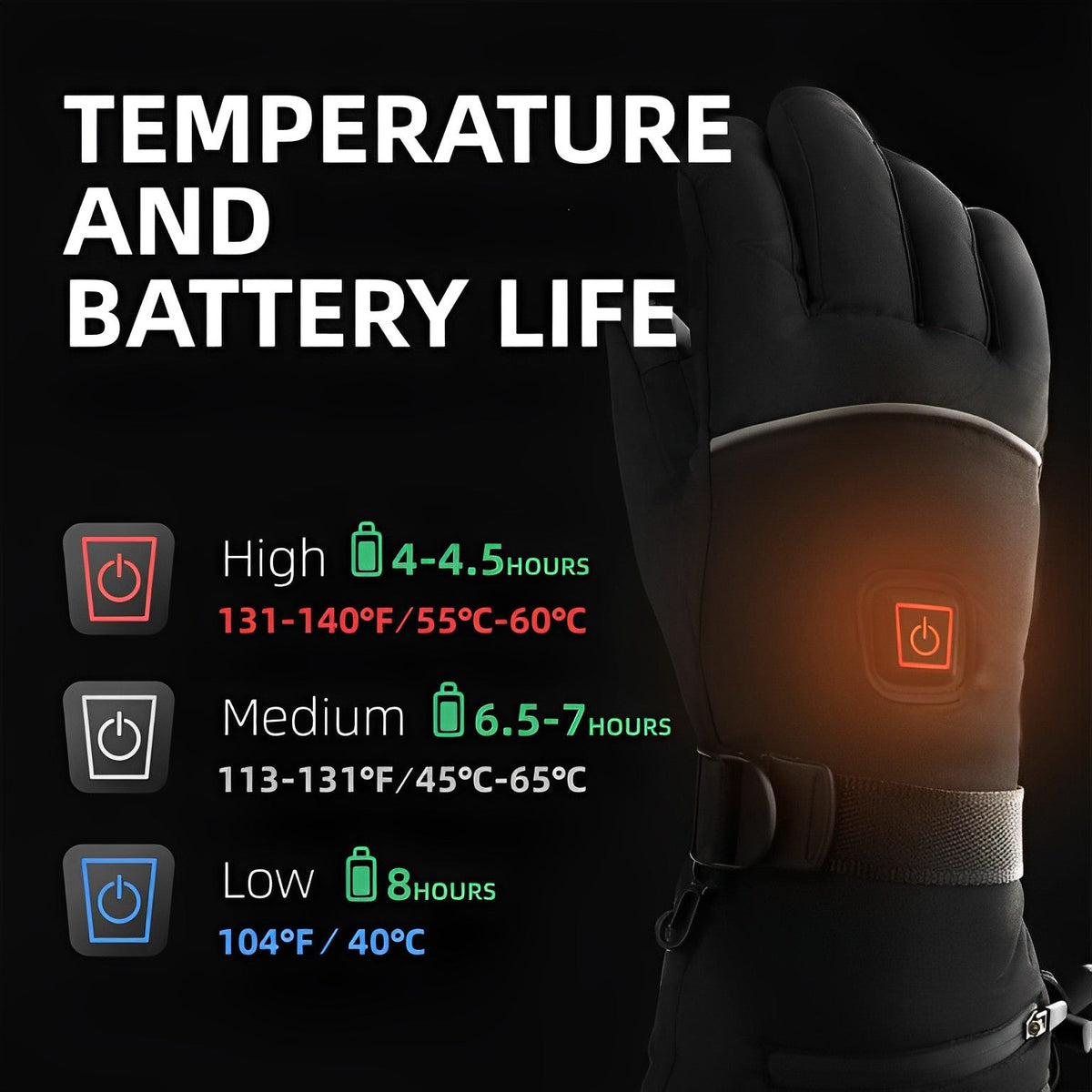 Belro heated gloves, black winter accessories with touch screen fingertips, designed to keep hands warm in cold weather.