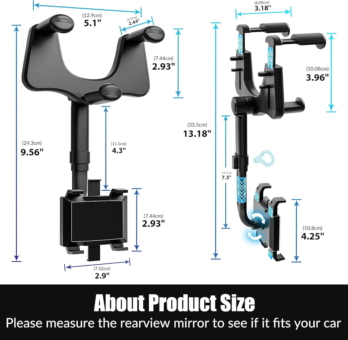 Belro rearview mirror phone holder attached to a car mirror, adjustable electronics accessory for hands-free device use.