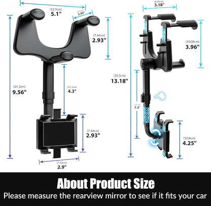 Belro rearview mirror phone holder attached to a car mirror, adjustable electronics accessory for hands-free device use.