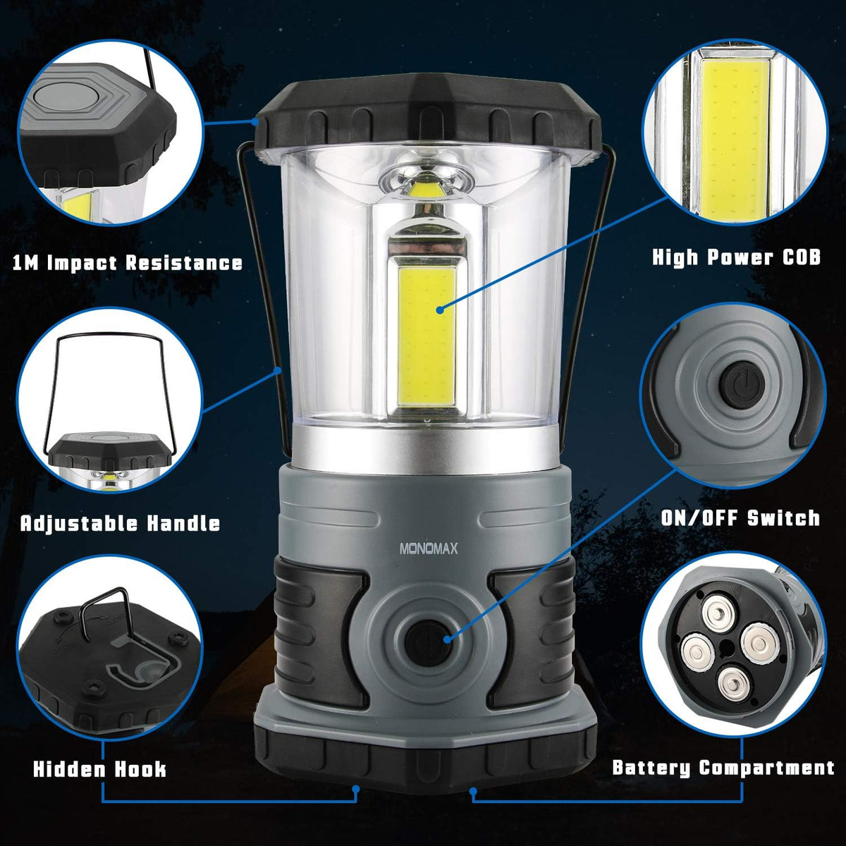 Belro LED camping lantern emitting bright light, portable outdoor lighting device for camping and outdoor activities