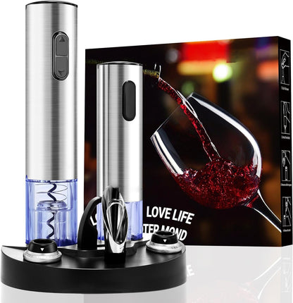 Belro electric wine bottle opener set with vacuum preserver, automatic corkscrew, foil cutter, and charging base on a white background.