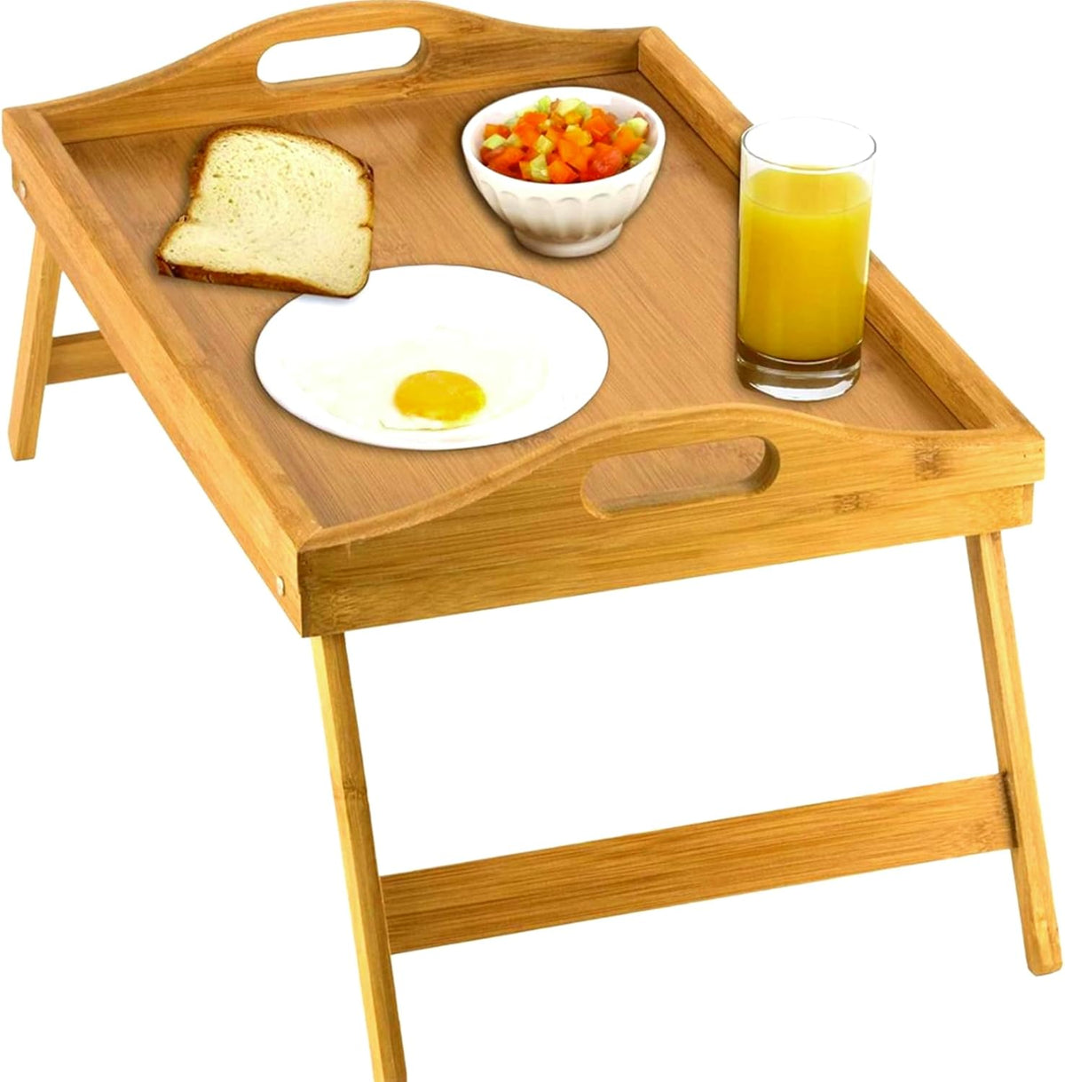 Belro bed table tray with folding legs, lightweight wooden surface for convenient use as a bedside or lap table.