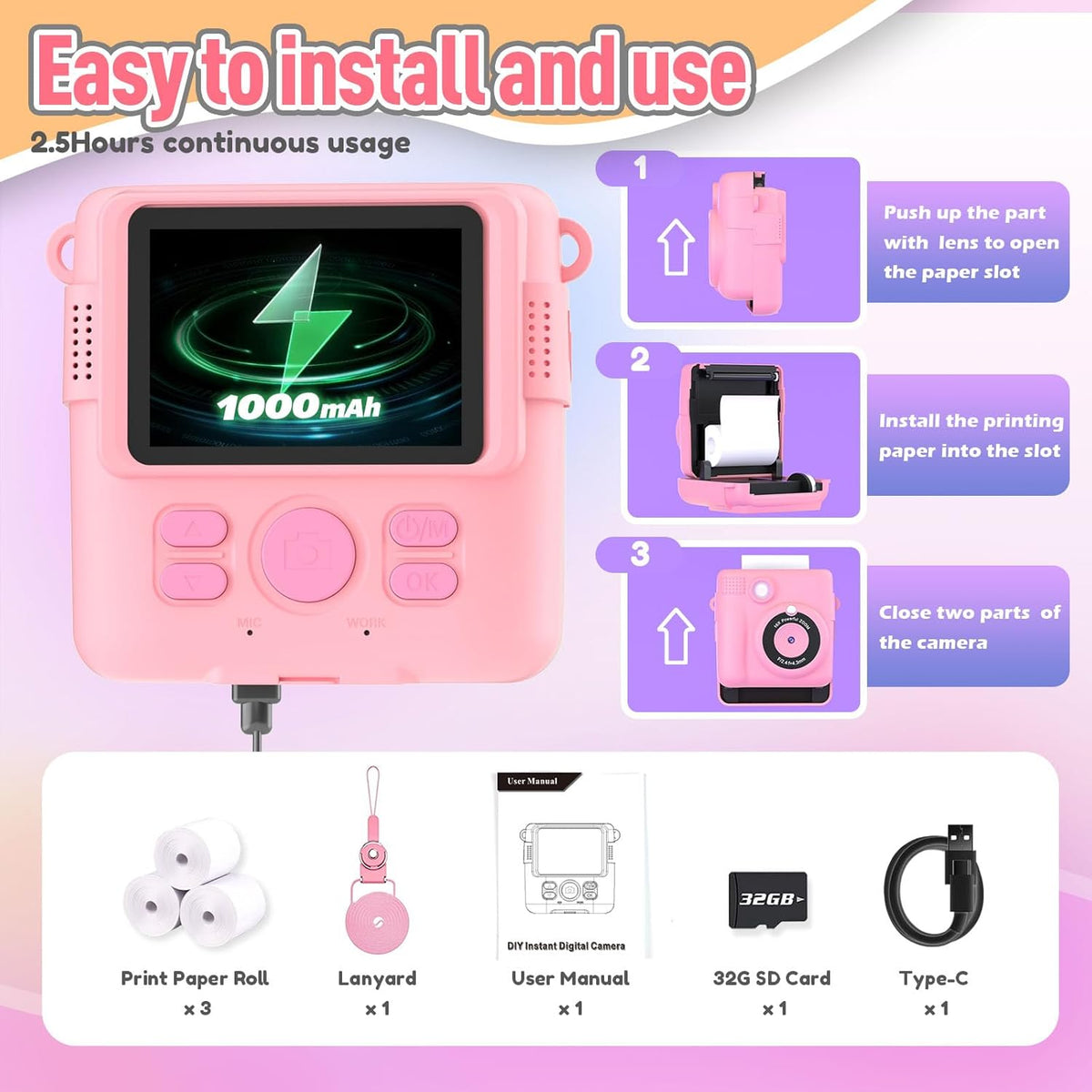 Belro digital instant print portable camera for kids, compact electronic camera with colorful design and integrated print feature.