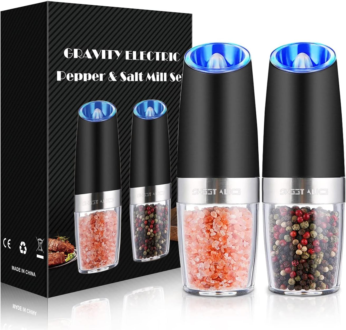 Belro electric salt and pepper grinder set with clear acrylic body and stainless steel top on a kitchen countertop.