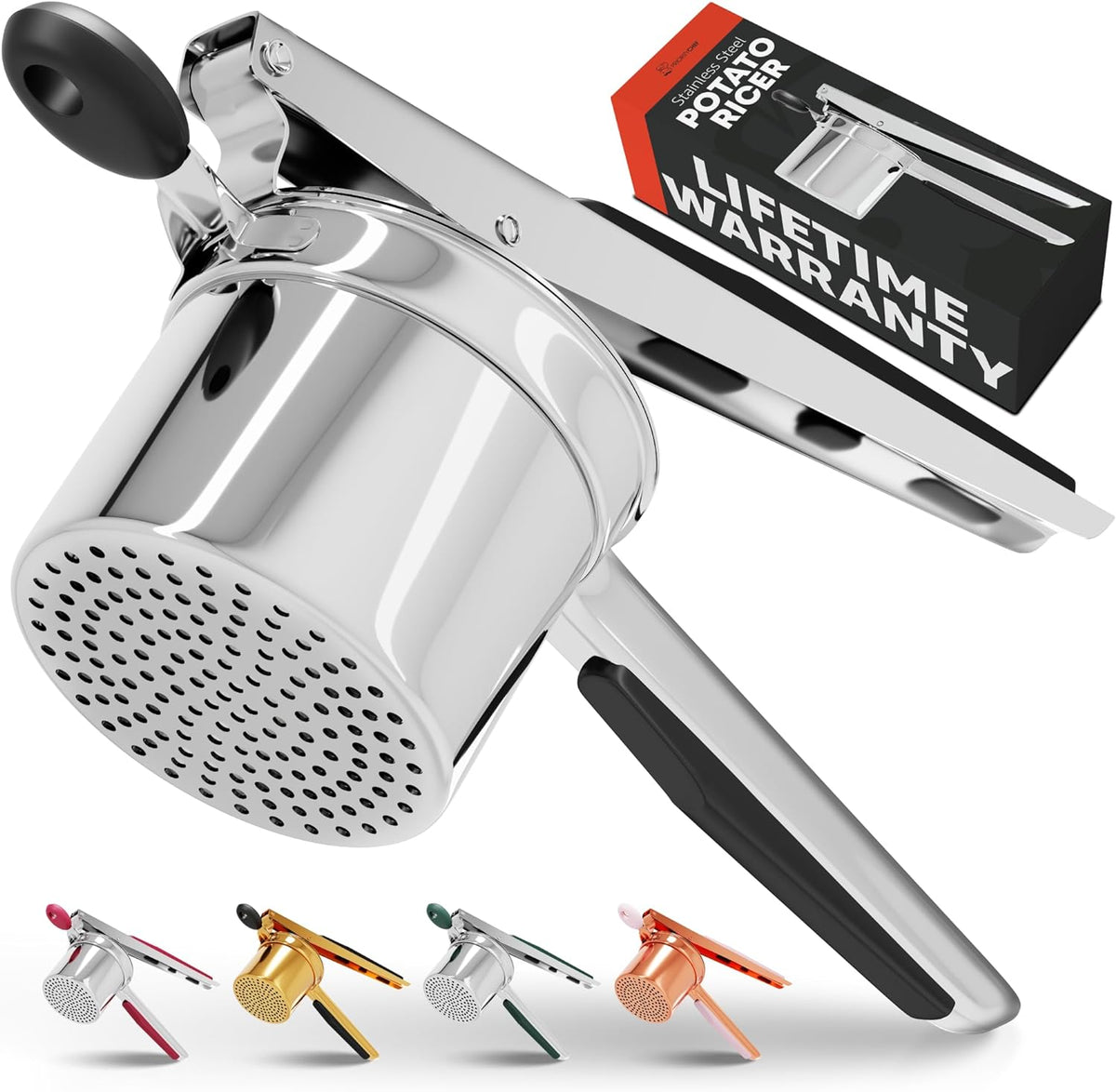 Belro potato ricer for kitchen use, metal hand-held tool with ergonomic handles, ideal for mashing cooked potatoes smoothly.
