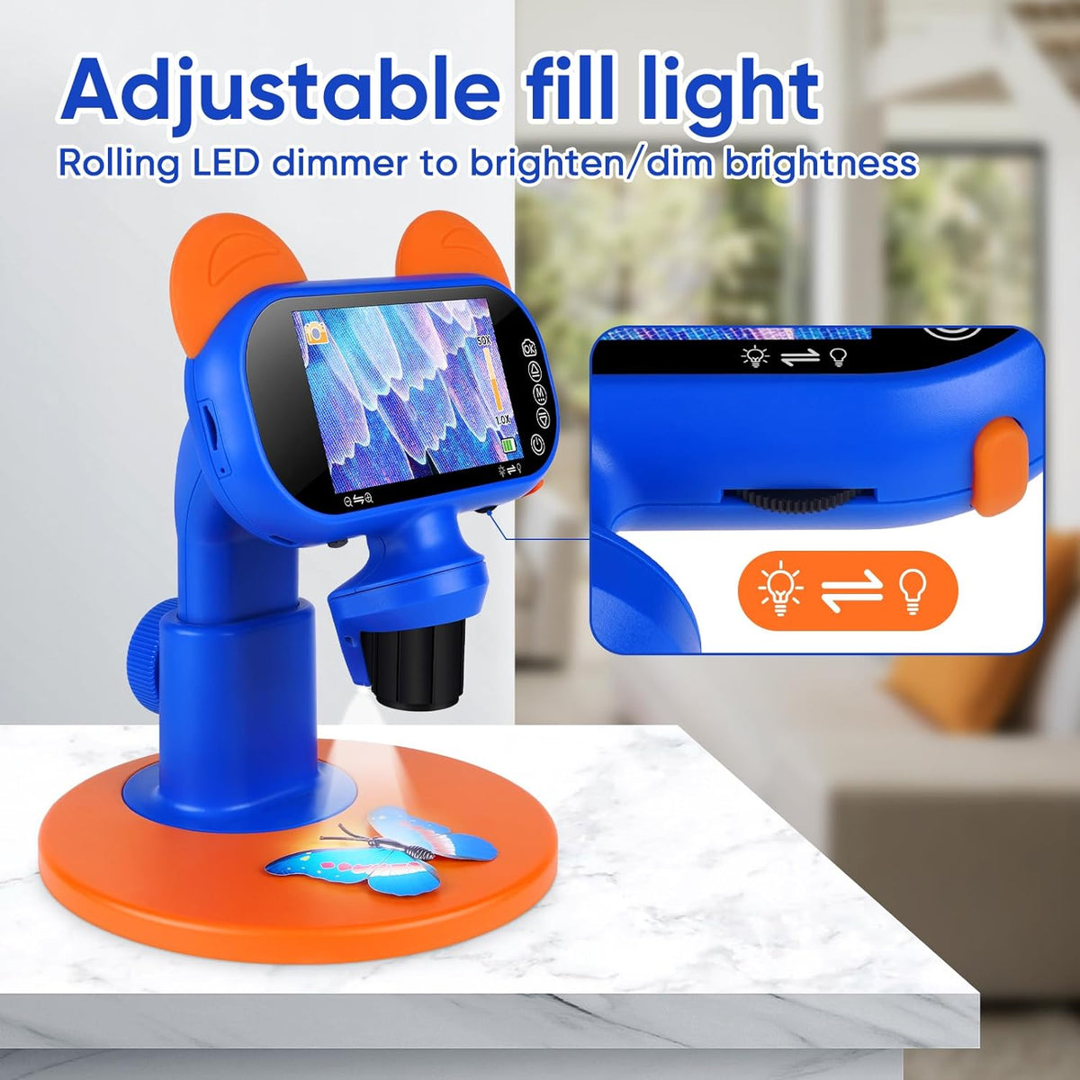 Belro handheld portable digital microscope with adjustable focus, showing close-up view of tiny details on a specimen.