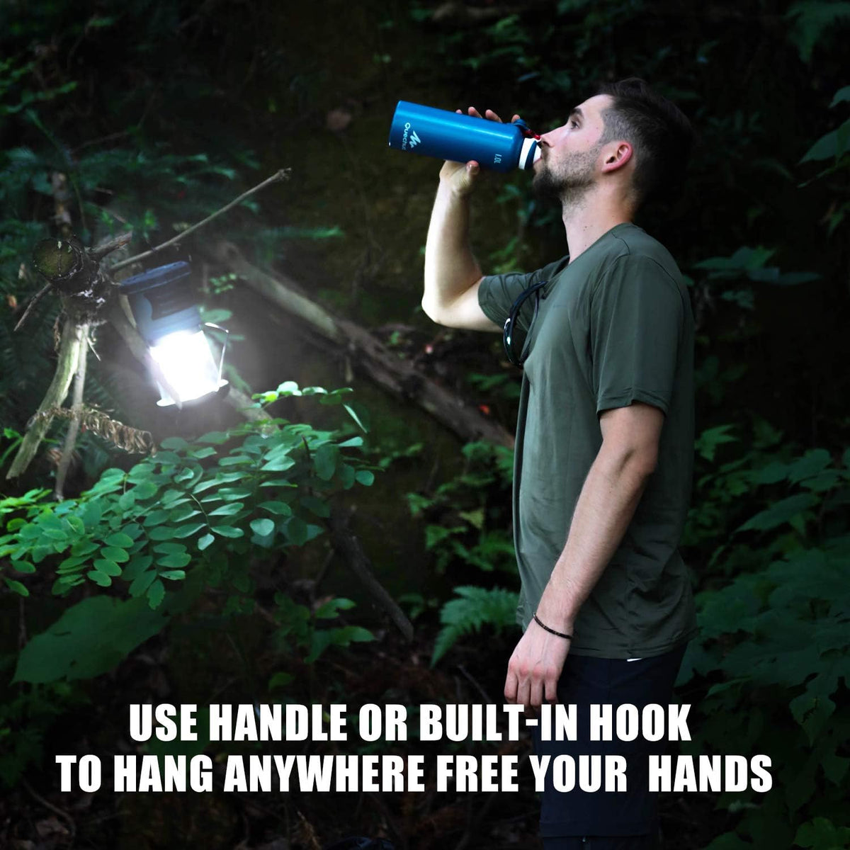 Belro LED camping lantern illuminating a dark outdoor setting with bright, energy-efficient light for camping and outdoor activities.
