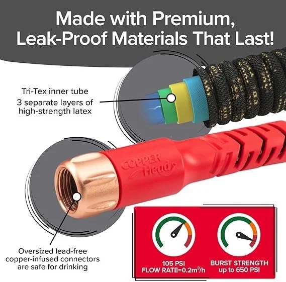 Casavibeo Pocket Hose 100 FT copper head expandable garden hose with 360° swivel, no-tangle design, tri-Tex tubing, and anti-kink features.