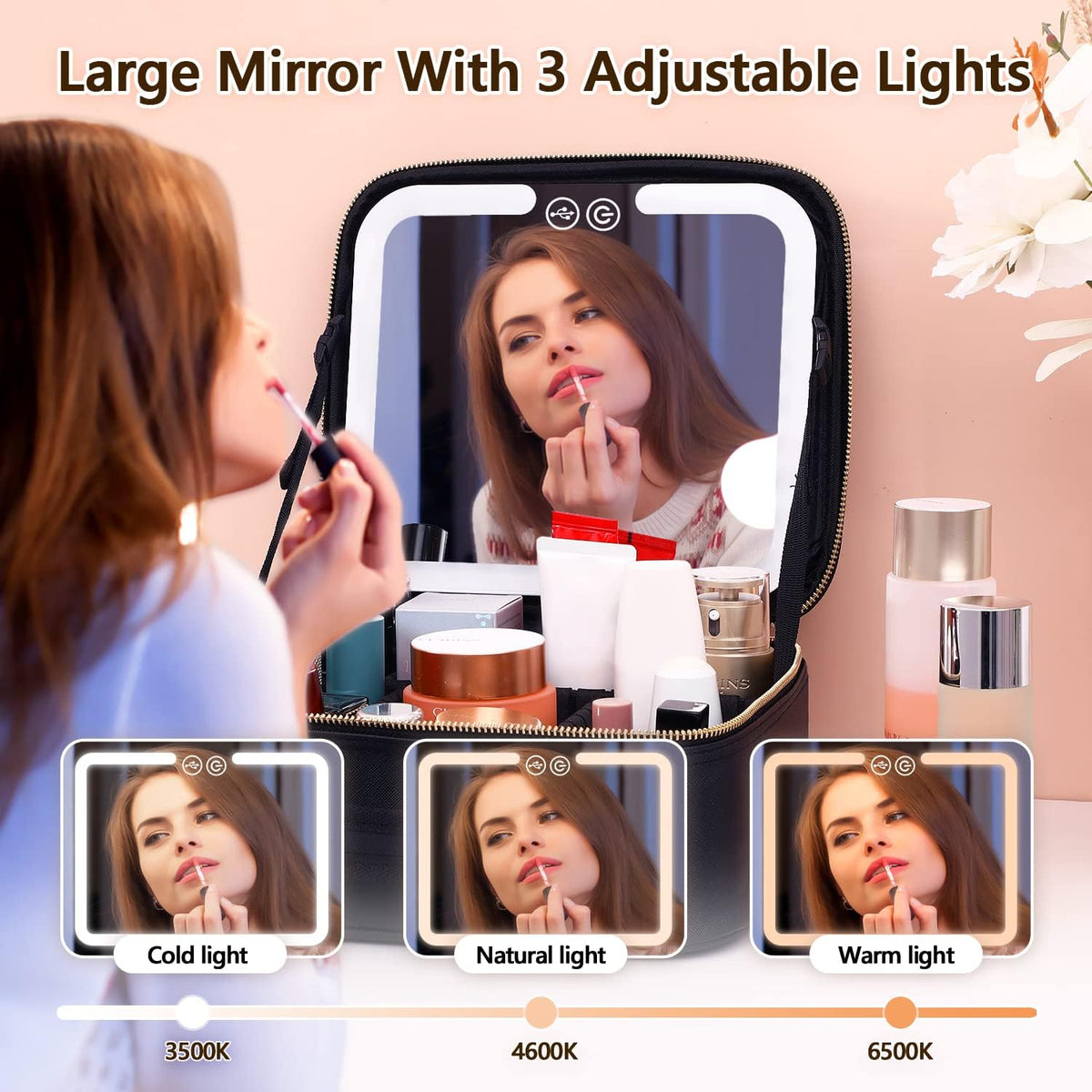 Belro makeup bag with built-in mirror and LED lights, compact storage for cosmetics and beauty tools.