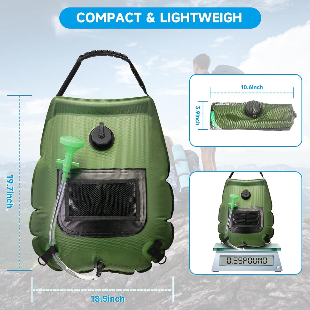 Belro portable outdoor shower bag for camping, with a transparent water reservoir and adjustable shower head for outdoor use.