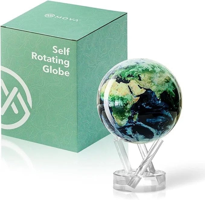 MOVA Globe Earth with clouds, 4.5-inch self-rotating desk globe by Casavibeo, featuring silent motion and cloud details.