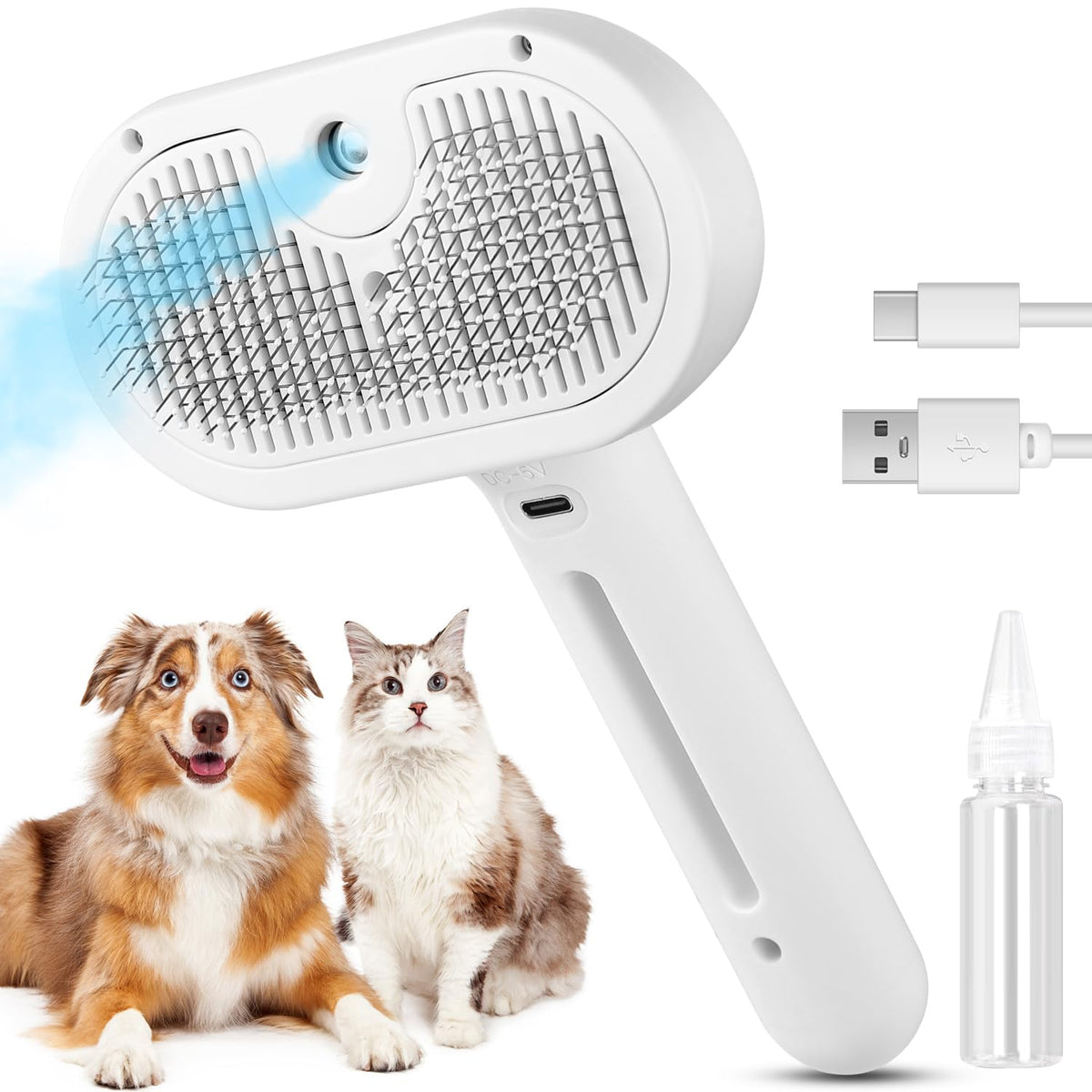 Belro Cat and Dog Steam Brush for grooming, showing the handheld device with steam nozzle and pet fur in a pet grooming setting.