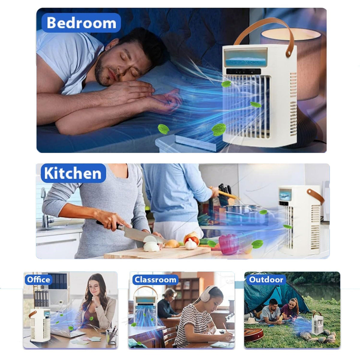 Belro portable mini air cooler fan for outdoor use, compact design with adjustable vents and a carrying handle.