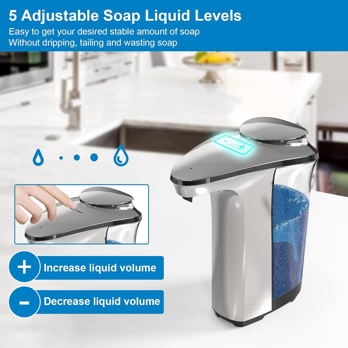 Belro automatic touchless dish soap dispenser for kitchen and bathroom, sleek and modern design, hands-free soap dispensing.