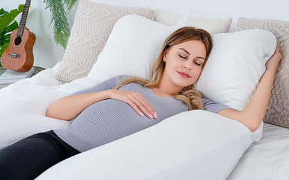 Belro U-shaped full body pregnancy maternity pillow for comfortable sleep, shown in a cozy bedroom setting.
