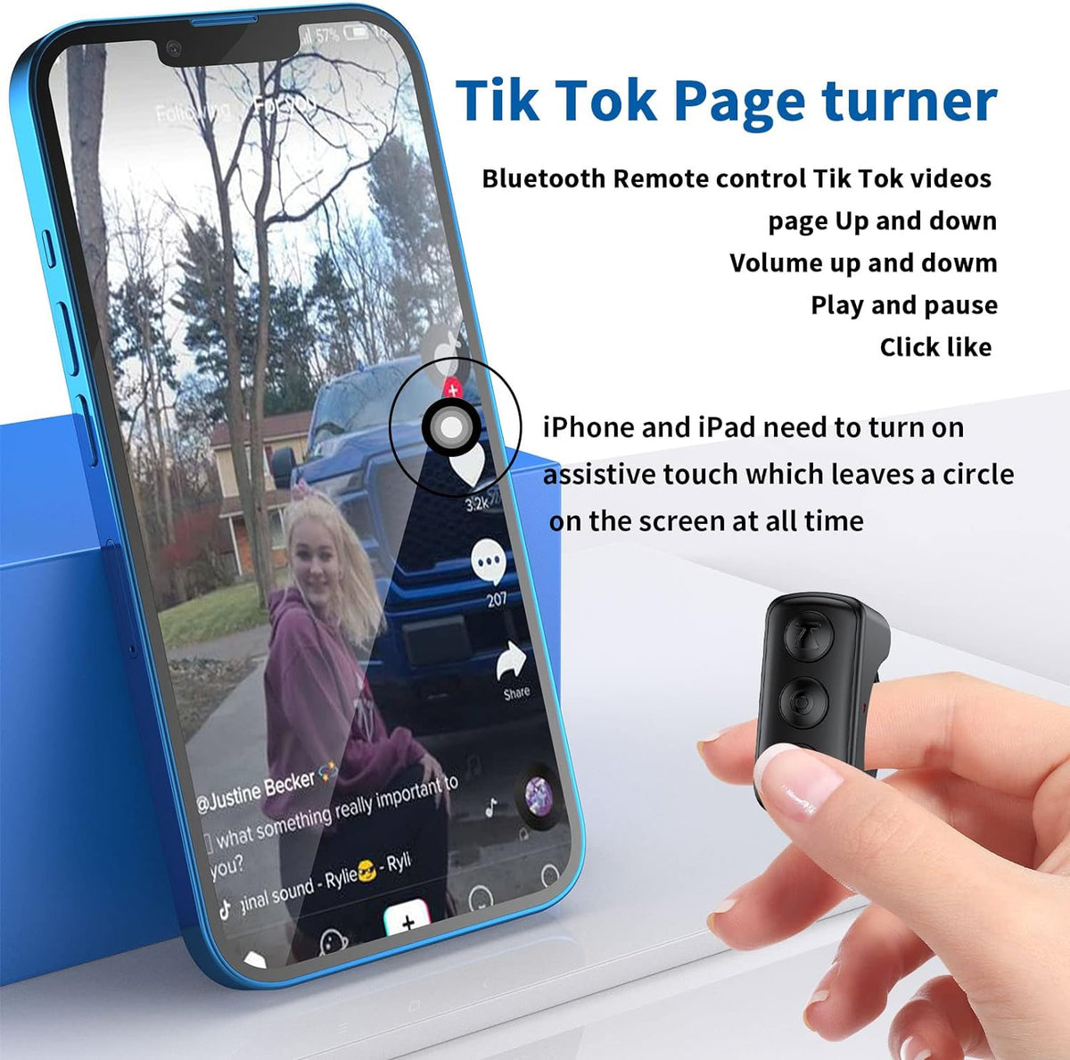 Belro TikTok scrolling ring remote control for electronics and cameras, featuring a circular design with buttons for easy media navigation.
