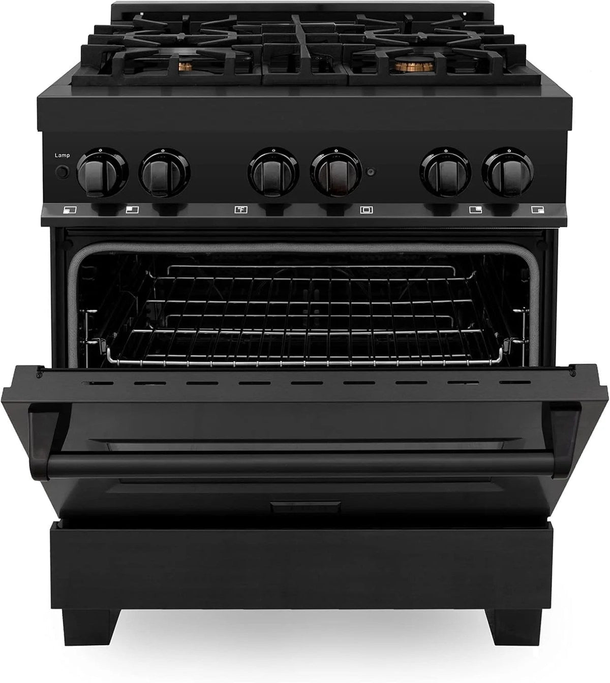 Casavibeo ZLINE Legacy 30-inch dual fuel range with four burners and oven, black stainless steel finish, and control knobs.