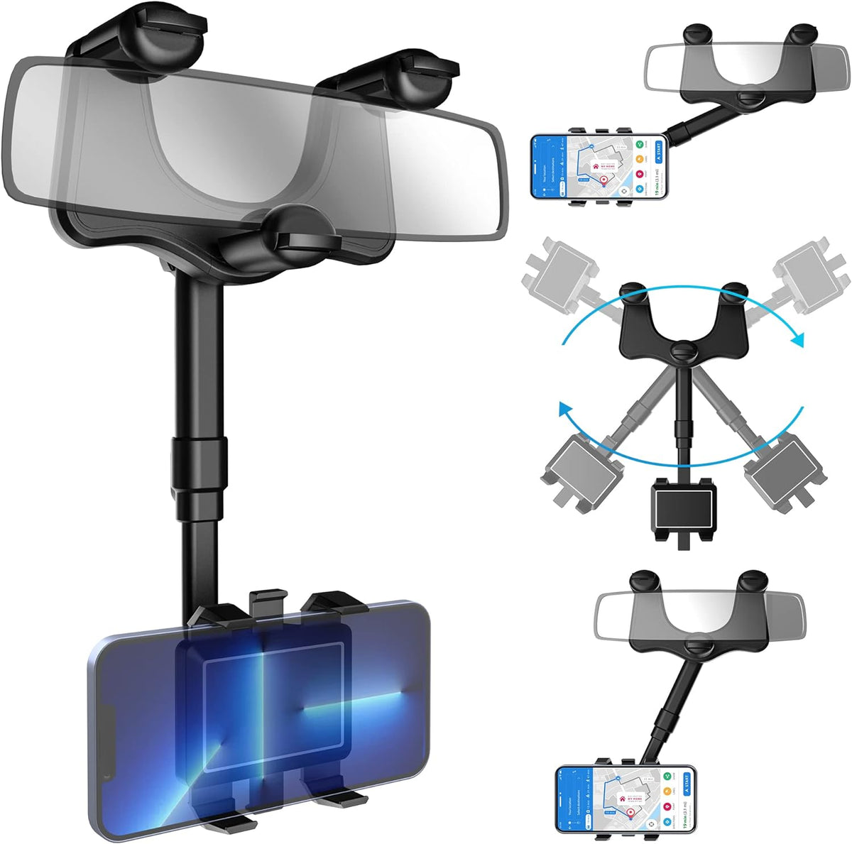 Belro rearview mirror phone holder attached to a car mirror, adjustable electronic device holder for hands-free use.