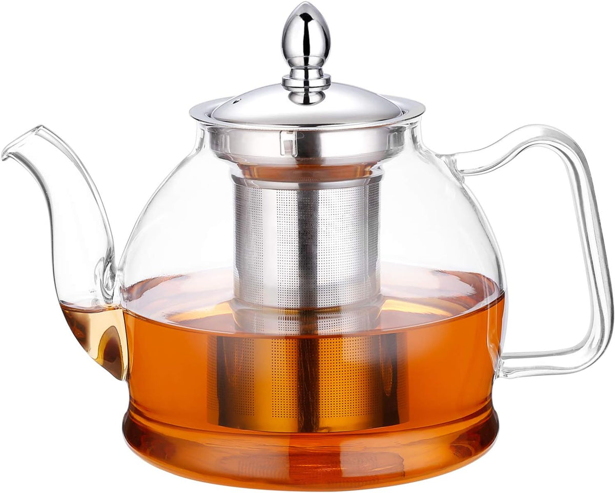 Belro 1000ml glass teapot with removable infuser, blooming and loose leaf tea brewing, clear glass kitchen accessory.